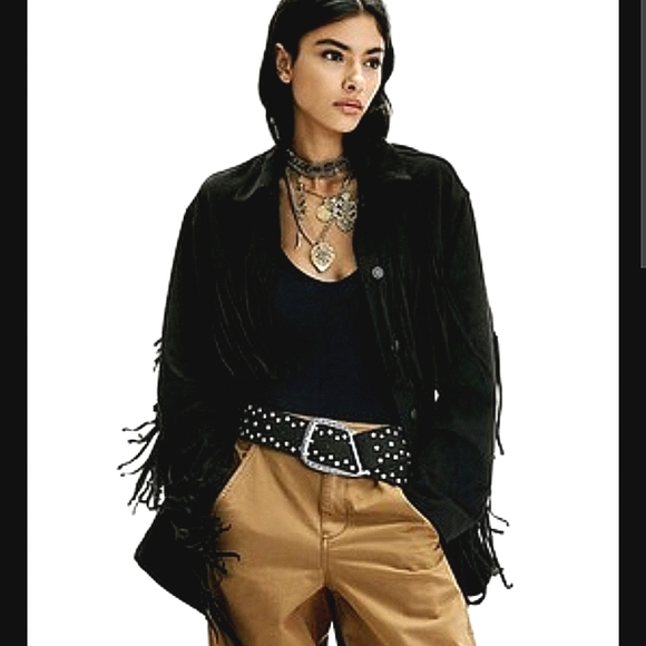 FREE PEOPLE Black Fringe Out Vegan Suede Jacket - Picture 1 of 10